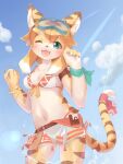  anthro bd_collie belt bikini black_nose blush breasts brown_body brown_fur chest_tuft cleavage clothed clothing cloud countershading eyewear felid female fur goggles green_eyes hi_res kemono lens_flare mammal mia_(world_flipper) navel one_eye_closed orange_body orange_fur pantherine sky small_breasts smile solo striped_body striped_fur stripes swimwear tail_decoration tiger tongue tuft white_body white_countershading white_fur wink world_flipper wristband yoshino_halu 