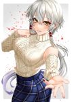  1girl absurdres bangs breasts eyebrows_hidden_by_hair falling_petals grey_hair hair_between_eyes highres long_hair looking_at_viewer nail_polish open_mouth original petals reaching_out skirt smile solo sweater tatsuma_daisuke twintails 