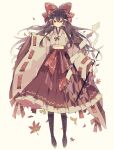  1girl adapted_costume autumn_leaves bare_shoulders boots bow brown_eyes brown_footwear brown_hair closed_mouth detached_sleeves full_body ginkgo_leaf gohei hair_between_eyes hair_bow hair_tubes hakama hakurei_reimu highres holding japanese_clothes knee_boots leaf long_hair maple_leaf miko navel nikorashi-ka red_bow red_hakama ribbon-trimmed_sleeves ribbon_trim sidelocks simple_background solo touhou white_background white_sleeves wide_sleeves 