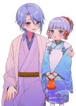  1boy 1girl blue_eyes blue_hair brother_and_sister chiroron genshin_impact hair_between_eyes hair_ornament hairclip highres holding japanese_clothes kamisato_ayaka kamisato_ayato kimono male_focus mole open_mouth ponytail purple_eyes short_hair siblings smile white_background 