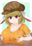  1boy 1girl absurdres animal_ears artist_request beret blonde_hair breast_grab breasts cum cum_in_clothes cum_on_body cum_on_breasts ejaculation grabbing green_background green_hair hat highres huge_breasts open_mouth oppai_loli paizuri paizuri_under_clothes rabbit_ears red_eyes ringo_(touhou) surprised touhou 