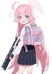  1girl ahoge backpack bag bangs black_gloves blue_archive blue_eyes blush commentary fingerless_gloves gloves gun halo heterochromia highres holding holding_gun holding_weapon hoshino_(blue_archive) long_hair looking_at_viewer open_mouth orange_eyes pink_hair pleated_skirt shirt shotgun simple_background skirt solo spoken_blush sweat symbol-only_commentary very_long_hair wagashi928 weapon white_background white_shirt 