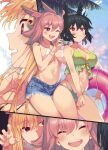  3girls bikini black_hair blonde_hair breasts can cold denim denim_shorts empty_eyes fate/grand_order fate_(series) fingernails green_bikini head_wings highres hildr_(fate) innertube laughing medium_breasts mitsurugi_sugar multiple_girls navel ortlinde_(fate) pink_hair prank shorts swimsuit thrud_(fate) valkyrie_(fate) white_bikini 