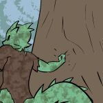  2014 anthro clothed clothing digital_drawing_(artwork) digital_media_(artwork) dirty eyes_closed fen_(lagotrope) green_body green_skin horn kobold lagotrope lizard male outside plant punch reptile scalie solo standing story story_at_source story_in_description tgchan topwear torn_clothing tree 