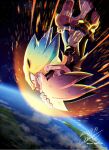  2boys animal_ears atmospheric_reentry aura blue_eyes clenched_hands dated earth_(planet) english_commentary falling furry furry_male gareki_sh gloves male_focus multicolored_hair multiple_boys no_humans planet red_eyes serious shadow_the_hedgehog shoes signature sneakers solo_focus sonic_(series) sonic_the_hedgehog space super_sonic tears white_gloves 
