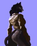  absurd_res anthro black_body black_fur black_hair black_nose bottomwear breasts butt clothed clothing digital_media_(artwork) felid feline felis female fur hair hi_res hriscia mammal pantherine pants purple_background rear_view shaded shadow simple_background solo topwear whiskers 