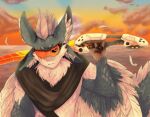  4_ears anthro artsywakko avali biped blue_body blue_feathers claws clothed clothing digital_media_(artwork) feathers hi_res holding_object holding_sword holding_weapon male melee_weapon mohawk multi_ear rogue_the_avali simple_background solo sunset sword tail_feathers weapon white_body white_feathers winged_arms wings 