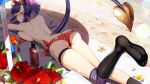  1girl ass back bangs bikini blunt_bangs breasts cluseller day demon_tail flower horns indie_virtual_youtuber looking_at_viewer lying on_stomach oni oni_horns onigiri_(vtuber) outdoors plant purple_hair sand sideboob skindentation slit_pupils solo swimsuit tail thigh_strap virtual_youtuber yellow_eyes 