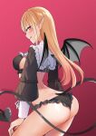  1girl arched_back artist_name arusuko ass back bangs black_bra black_panties blonde_hair bra breasts closed_mouth cosplay demon_girl demon_tail demon_wings frilled_panties frilled_shirt_collar frills hand_on_own_thigh highres kitagawa_marin large_breasts long_hair long_sleeves looking_at_viewer looking_back panties pointy_ears profile red_background red_eyes revealing_clothes rizu-kyun rizu-kyun_(cosplay) shiny shiny_skin simple_background smile solo sono_bisque_doll_wa_koi_wo_suru tail thighs tongue tongue_out twitter_username underwear very_long_hair wings 