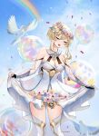  armor bare_shoulders bird blonde_hair blue_sky breasts cleavage closed_eyes cloud cloudy_sky dress flower genshin_impact highres large_breasts light lumine_(genshin_impact) open_mouth rainbow short_hair skirt sky smile thighhighs thighs unosaki2 white_thighhighs 
