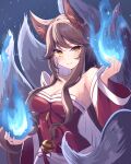  1girl absurdres ahri_(league_of_legends) animal_ears bare_shoulders blue_fire breasts brown_hair cleavage collarbone detached_sleeves facial_mark fire fox_ears fox_tail highres korean_clothes kumiho large_breasts league_of_legends long_hair multiple_tails pso2kotone solo tail very_long_hair whisker_markings yellow_eyes 