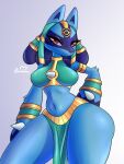  blue_body blue_fur bottomwear breasts buutymon clothed clothing female fur generation_4_pokemon holowear_(pokemon) loincloth lucario nintendo pokemon pokemon_(species) pokemon_unite ruins_style_lucario solo thick_thighs video_games 