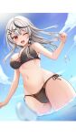  1girl ;d absurdres bare_arms bare_shoulders bikini black_bikini braid breasts cameltoe cleavage day grey_hair groin highres hololive large_breasts long_hair looking_at_viewer miyagi_ratona multicolored_hair navel one_eye_closed open_mouth outdoors red_eyes sakamata_chloe side-tie_bikini_bottom smile solo standing stomach streaked_hair string_bikini sunlight swimsuit thighs virtual_youtuber wading wet 