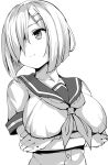  1girl banned_artist belko breasts closed_mouth greyscale hair_ornament hair_over_one_eye hairclip hamakaze_(kancolle) highres kantai_collection large_breasts looking_to_the_side monochrome neckerchief sailor_collar school_uniform serafuku short_hair simple_background upper_body white_background 