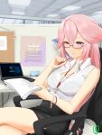  1girl absurdres alternate_costume black_skirt breasts c-r-l-o-0-5 chair cleavage collared_shirt computer genshin_impact highres holding holding_paper holding_pen id_card laptop large_breasts long_hair office_chair office_lady on_chair paper partially_unbuttoned pen pencil_skirt pink_hair red-framed_eyewear semi-rimless_eyewear shirt sitting skirt solo white_shirt yae_miko 