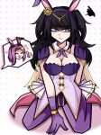  34cupofsalt animal_ears annoyed black_hair breasts cleavage fire_emblem fire_emblem_heroes gloves highres purple_gloves purple_hair rabbit_ears seiza shaded_face sitting sonya_(fire_emblem) tharja_(fire_emblem) thumbs_up 