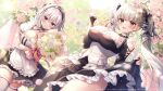  2girls :d apron azur_lane bare_shoulders black_dress black_ribbon blurry blush bouquet breasts choker cleavage closed_mouth clothes_lift commentary_request copyright_name cowboy_shot cross-laced_clothes day depth_of_field dress dress_lift dutch_angle falling_petals floating_hair flower formidable_(azur_lane) frilled_apron frilled_choker frilled_dress frills gothic_lolita grey_hair hair_ribbon hairband holding holding_bouquet lace-trimmed_hairband lace_trim large_breasts lolita_fashion long_hair looking_at_viewer maid mitsuba_choco multiple_girls official_art outdoors parted_lips petals pink_flower pink_rose puffy_short_sleeves puffy_sleeves red_eyes red_ribbon ribbon rose short_sleeves sidelocks sirius_(azur_lane) skirt_hold sleeves_past_wrists smile thighhighs thighs twintails two-tone_choker two-tone_dress two-tone_ribbon waist_apron white_apron white_choker white_flower white_hair white_thighhighs zettai_ryouiki 