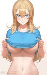  1girl bangs blonde_hair blue_eyes blue_nails blue_shirt blush breasts claire_lamund_(nhaliz) closed_mouth clothes_lift fanbox_username hair_between_eyes highres large_breasts lifted_by_self long_hair looking_at_viewer mole_above_eye navel nhaliz no_bra original paid_reward_available patreon_username shirt shirt_lift signature simple_background smile stomach t-shirt upper_body watermark web_address white_background 