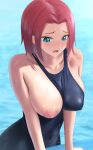  1girl blue_eyes blue_one-piece_swimsuit blush breast_slip breasts code_geass collarbone commentary_request embarrassed highres kallen_stadtfeld large_breasts looking_down nipples pool puffy_nipples red_hair run_sho school_swimsuit short_hair skin_tight solo swimsuit undersized_clothes upper_body water_drop wet 