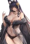  1girl absurdres ahoge animal_ear_fluff animal_ears azur_lane bare_shoulders black_hair black_panties breasts facial_mark fox_ears fur_coat hair_ornament hand_up highres jewelry lace-trimmed_panties lace_trim large_breasts liaowen long_hair mitsudomoe_(shape) musashi_(azur_lane) navel neck_ring no_shirt panties parted_lips purple_nails simple_background solo stomach tomoe_(symbol) underwear very_long_hair white_background yellow_eyes 