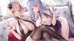  2girls :p azur_lane bangs bare_shoulders between_breasts black_dress blonde_hair blunt_bangs blush bracelet breast_rest breasts brown_thighhighs choker cleavage closed_mouth couch criss-cross_halter crossed_legs cup dido_(anxious_bisque_doll)_(azur_lane) dido_(azur_lane) dress drink drinking_glass dutch_angle feather_boa feet_out_of_frame finger_to_mouth hair_ornament halter_dress halterneck highres holding holding_drink jewelry large_breasts long_hair looking_at_viewer multicolored_hair multiple_girls nail_polish no_panties official_alternate_costume official_art pelvic_curtain purple_choker purple_dress purple_eyes red_nails revealing_clothes ring roon_(azur_lane) roon_(viridescent_lullaby)_(azur_lane) short_hair sidelocks sleeveless sleeveless_dress sora_72-iro streaked_hair thighhighs thighs tongue tongue_out two-tone_dress two-tone_hair wet white_hair wine_glass yellow_eyes 