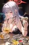  1girl absurdres bangs black_choker blue_archive blush bracelet breasts choker cleavage closed_mouth cup food fork fruit grey_hair halo haruna_(blue_archive) highres jewelry knife large_breasts lemon lemon_slice long_hair looking_at_viewer oyster purple_eyes smile solo whoisshe 