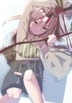  1girl arrow_(projectile) bow_(weapon) brown_eyes brown_gloves brown_hair gloves hachimaki headband high_ponytail highres holding holding_arrow holding_bow_(weapon) holding_weapon japanese_clothes kantai_collection long_hair looking_at_viewer metadio muneate one-hour_drawing_challenge partially_fingerless_gloves quiver solo twitter_username weapon yugake zuihou_(kancolle) zuihou_kai_(kancolle) 