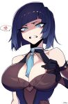  1girl anger_vein blue_eyes blue_hair breasts cleavage dice disgust genshin_impact grimace j.k. large_breasts looking_at_viewer mole mole_on_breast short_hair signature simple_background solo spoken_anger_vein tassel_choker teeth white_background yelan_(genshin_impact) 