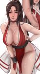  1girl absurdres areola_slip armpits breasts brown_hair collarbone edmun fatal_fury highres lips looking_at_viewer ponytail presenting_armpit ribbon shiranui_mai simple_background snk steam sweat white_background 
