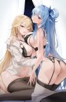  2girls ;o absurdres ass bare_shoulders between_breasts black_bra black_panties black_thighhighs blonde_hair blue_eyes blue_hair bottomless bra breasts brown_pantyhose choyeon cleavage commission cream_(cream) from_behind garter_belt hair_ornament hair_ribbon hair_rings hairclip highres id_card kneeling large_breasts lingerie long_hair long_sleeves looking_at_viewer looking_back multiple_girls navel off_shoulder one_eye_closed open_clothes open_mouth open_shirt original panties pantyhose parted_lips red_eyes ribbon second-party_source shirt sitting spaghetti_strap stomach string_bra string_panties thighhighs thighs underwear underwear_only very_long_hair wariza white_shirt yuksi_(yuksi) 