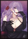  1girl alternate_costume black_dress breasts camilla_(fire_emblem) cleavage dress earrings fire_emblem fire_emblem_fates flower hair_over_eyes hair_over_one_eye highres hinahaii jewelry large_breasts lipstick long_hair looking_at_viewer makeup purple_eyes purple_hair red_flower red_lips red_rose rose signature smile solo very_long_hair 