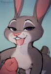  2022 absurd_res bedroom_eyes disney duo female female_focus fur genitals grey_body grey_fur hi_res judy_hopps lagomorph leporid looking_at_viewer male male/female mammal narrowed_eyes penis purple_eyes rabbit seductive simple_background solo_focus text tongue tongue_out trevart zootopia 