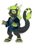 3:4 anthro asnnonaka black_clothing black_topwear blue_clothing blue_topwear bottomless chibi claws clothed clothing dragon featureless_crotch full-length_portrait glistening glistening_eyes green_body green_claws green_eyes green_hair green_pawpads green_tongue grey_body grey_nose hair hi_res horn looking_at_viewer male markings open_mouth open_smile pawpads portrait pupils signature simple_background slit_pupils smile solo standing striped_markings striped_tail stripes tail_markings tail_tuft tongue topwear tuft white_background yellow_horn 