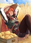  1girl absurdres arknights arms_behind_head bagpipe_(arknights) closed_eyes crate dragon_horns dun_ji green_jacket hat hay highres horns jacket long_hair orange_hair potato red_skirt skirt sleeping straw_hat thighhighs wheat_field 