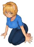  1girl absurdres alternate_costume animal_ears arm_support barefoot blonde_hair blue_skirt chanta_(ayatakaoisii) commentary_request denim fox_ears highres jeans no_tail pants seiza short_hair short_sleeves sitting skirt solo toes touhou yakumo_ran yellow_eyes 