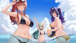  3girls :d arm_up arms_up ass ayul_(ayulneri_92) azur_lane ball beachball bikini black_bikini blue_sky blush breasts cleavage closed_mouth cloud commentary_request copyright day dot_nose eyewear_on_head goggles goggles_on_head green_hair grin hand_on_eyewear highres holding holding_ball large_breasts littorio_(azur_lane) littorio_(the_glory_of_naples)_(azur_lane) long_hair looking_at_viewer multiple_girls navel official_art one_eye_closed open_mouth outdoors pola_(azur_lane) pola_(seaside_coincidence)_(azur_lane) purple_hair red_eyes red_hair side-tie_bikini_bottom side_ponytail sideboob sky smile stomach sunglasses swimsuit twintails underboob wading water wet yellow_bikini yellow_eyes zara_(azur_lane) zara_(poolside_coincidence)_(azur_lane) 