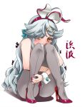  1girl ahoge alternate_costume alternate_hairstyle animal_ears brown_eyes character_name commentary_request embarrassed grey_hair grey_pantyhose hair_down hair_over_eyes hamanami_(kancolle) high_heels hugging_own_legs kantai_collection leotard long_hair pantyhose playboy_bunny purple_footwear purple_leotard rabbit_ears simple_background sitting solo udukikosuke white_background wrist_cuffs 