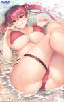  1girl ass bikini blush breasts commentary_request crotch glasses grin hair_ribbon highres hololive houshou_marine hozumi_kaoru large_breasts looking_at_viewer lying on_back partially_visible_vulva petals petals_on_liquid red_bikini red_eyes red_hair ribbon smile solo swimsuit teeth thighs twintails underboob water watermark wet yellow_eyes 