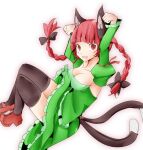  1girl :d adapted_costume animal_ears arms_up braid breasts cat_ears cat_tail cleavage detached_sleeves floating_hair juliet_sleeves jyaoh0731 kaenbyou_rin long_sleeves multiple_tails paw_pose puffy_sleeves red_eyes red_hair smile solo tail thighhighs touhou twin_braids 