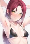  1girl absurdres armpits arms_behind_head bikini black_bikini closed_mouth highres long_hair looking_at_viewer love_live! love_live!_sunshine!! micro_bikini nasuno_(nasuno42) red_hair sakurauchi_riko solo swimsuit upper_body wet yellow_eyes 