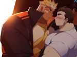  2boys :o bandaid bandaid_on_cheek bandaid_on_face bara blush dark-skinned_male dark_skin dog_tags eye_contact facial_hair flustered goatee highres imminent_kiss interracial jacket kabedon large_pectorals leo_(leobanana11) looking_at_another male_focus master_3_(housamo) mature_male multicolored_hair multiple_boys muscular muscular_male orange_hair orange_jacket pectorals red_eyes short_hair sideburns thick_arms thick_eyebrows tokyo_afterschool_summoners two-tone_hair ulaanbaatar_(housamo) white_hair yaoi 