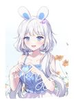  1girl :d animal_ears bangs bare_arms bare_shoulders blue_camisole brown_flower camisole collarbone commission grey_hair hair_ornament hair_over_shoulder looking_at_viewer low_twintails moffle_(ayabi) original rabbit_ears skirt smile solo star_(symbol) star_hair_ornament twintails white_background white_skirt 