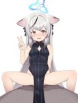  1boy 1girl animal_ears bare_arms bare_legs bare_shoulders blue_archive blush breasts bulge china_dress chinese_clothes clothed_female_nude_male dark-skinned_male dark_skin dress erection erection_under_clothes grey_hair halo hetero highres implied_sex kokona_(blue_archive) long_hair multicolored_hair nude open_mouth pelvic_curtain sex simple_background small_breasts solo_focus spread_legs straddling striped sweat taji_(crowview) v vertical_stripes very_long_hair white_background 