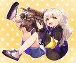  1girl absurdres apex_legends backpack bag black_hoodie blonde_hair blue_shorts brown_eyes chano_(22chano_death) charge_rifle commission energy_gun female_child flat_chest grey_footwear gun hair_behind_ear highres holding holding_gun holding_weapon hood hoodie indie_virtual_youtuber kohaku_gumi long_hair open_mouth second-party_source shoes shorts skeb_commission smile sneakers solo two_side_up virtual_youtuber weapon 