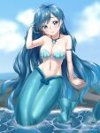  1girl arm_support arm_up artist_name awono_nanaumi bangs bare_shoulders blue_eyes blue_hair blue_sky breasts cleavage cloud collarbone commentary commission day earrings groin hair_ornament hand_in_own_hair head_tilt highres houshou_hanon jewelry long_hair looking_at_viewer medium_breasts mermaid mermaid_melody_pichi_pichi_pitch monster_girl navel necklace ocean parted_lips rock shell shell_bikini shell_necklace sidelocks signature sitting skeb_commission skindentation sky solo star_(symbol) star_earrings star_hair_ornament stomach 