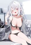  1girl bangs bare_shoulders black_bra black_panties blush bow bow_bra bra collarbone commentary_request feet_out_of_frame grey_hair grey_shirt hair_between_eyes hand_up highres indoors kamioka_shun&#039;ya long_hair long_sleeves navel off_shoulder one_eye_closed open_clothes open_mouth open_shirt original panties purple_eyes shiori_(kamioka_shun&#039;ya) shirt sitting solo teeth underwear upper_teeth very_long_hair yawning 