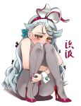  1girl ahoge alternate_costume alternate_hairstyle animal_ears aqua_bow bow braid braided_bangs brown_eyes character_name commentary_request embarrassed grey_hair grey_pantyhose hair_bow hair_down hamanami_(kancolle) high_heels hugging_own_legs kantai_collection leotard long_hair pantyhose playboy_bunny purple_footwear purple_leotard rabbit_ears simple_background sitting solo udukikosuke white_background wrist_cuffs 