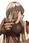  1girl absurdres bangs breasts cellphone cleavage dark_skin diagonal_bangs duel_monster ear_piercing evil_twin&#039;s_trouble_sunny from_below green_eyes green_hair grey_hair highres holding holding_phone large_breasts looking_at_viewer luna_(dm)_(yu-gi-oh!) meda_otoko midriff multicolored_hair navel phone piercing short_hair signature smartphone solo white_background yu-gi-oh! 