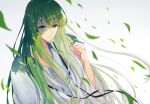  1other ambiguous_gender androgynous bangs bird bird_on_hand closed_mouth commentary_request enkidu_(fate) falling_leaves fate/extra fate/extra_ccc fate/grand_order fate/strange_fake fate/zero fate_(series) gradient gradient_background green_eyes green_hair jewelry kusaka_kou leaf light_green_hair light_smile long_hair long_sleeves male_focus robe shade shadow solo toga upper_body very_long_hair white_robe wide_sleeves 
