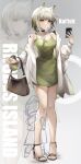  1girl 1other absurdres adapted_costume animal_ear_fluff animal_ears arknights bag bare_legs bare_shoulders black_footwear breasts cat_ears cellphone character_name child cleavage closed_mouth collarbone doctor_(arknights) dress full_body green_dress green_eyes grey_hair handbag hiding high_heels highres holding holding_phone jacket kal&#039;tsit_(arknights) long_sleeves looking_at_viewer off_shoulder open_clothes open_jacket oripathy_lesion_(arknights) phone photoshop_(medium) short_dress short_hair smartphone standing tabayashi white_jacket zoom_layer 